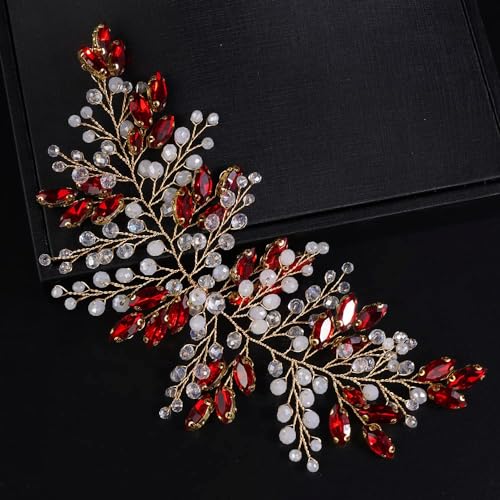 Boho Red Crystal Headband for Women Girls Wedding Bridal Handmade Branches Headpiece Special Occasion Hair Styling Jewelry (Red White) - color: Red White