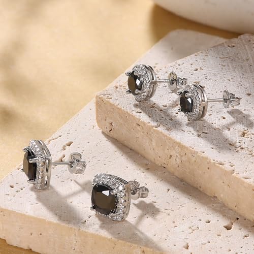 18K Gold Plated Halo Stud Earrings 925 Sterling Silver Cubic Zirconia Stud Earrings Round Square Diamonique Stud Earrings Set for Women Men - color: Silver&Black