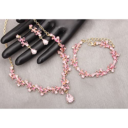 3Pcs Austrian Crystal Jewelry Set for Women, Necklace Dangle Earrings Link Bracelet Jewelry Set with Gold/Platinum/Gun Plated, Wedding Party Jewelry for Bridal Bridesmaid - color: Pink-Gold Plated