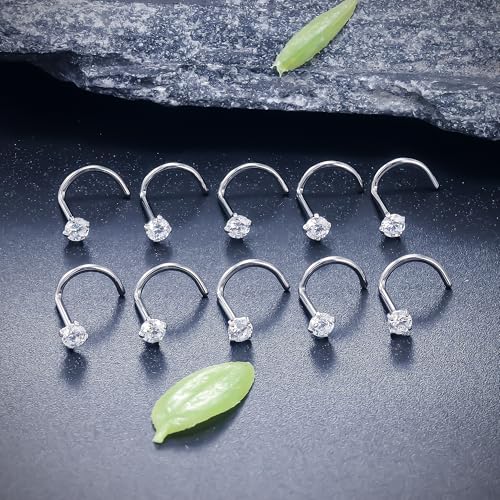ASTM F136 Titanium Nose Rings 18G 20G 22G Clear Cubic Zirconia Nose Studs Ring Screw L-Shaped Bone Hypoallergenic Body Piercing Jewelry for Women 1.5mm 2mm 2.5mm 3mm 10PCS - style: Screw:20G(0.8mm)-2.5mm CZ