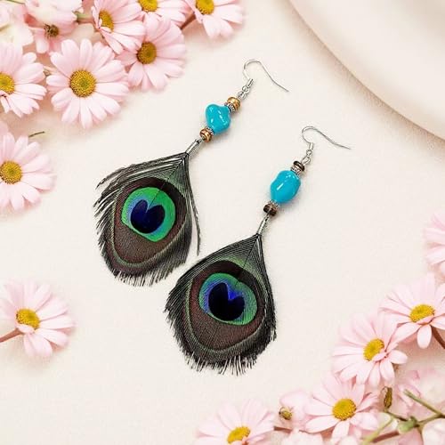 Boho Peacock Feather Turquoise Earrings for Women, Handmade Ethnic Tribal Dangle Drop Earrings with Natural Turquoise Bead, Bohemian Hippie Festival Jewelry Gift
