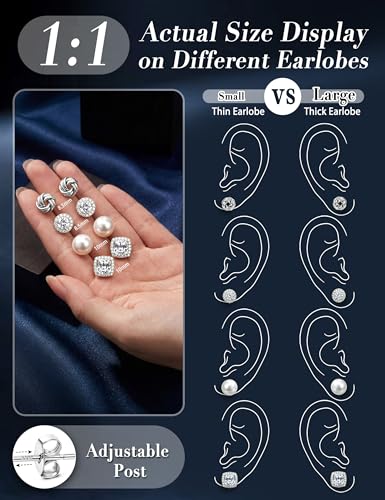 FIBO STEEL 4 Pairs Hypoallergenic Stud Earrings for Women 14K Gold Plated | Sterling Silver,Big Simulated Pearl Love Knot,Brilliant Cubic Zirconia Halo Earrings Studs for Sensitive Ears Everyday Formal - color: Sliver Tone