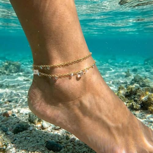 Stainless Steel Chain Ankle Bracelet for Women Adjustable Waterproof Anklet - color: Gold / Double Layer Rolo
