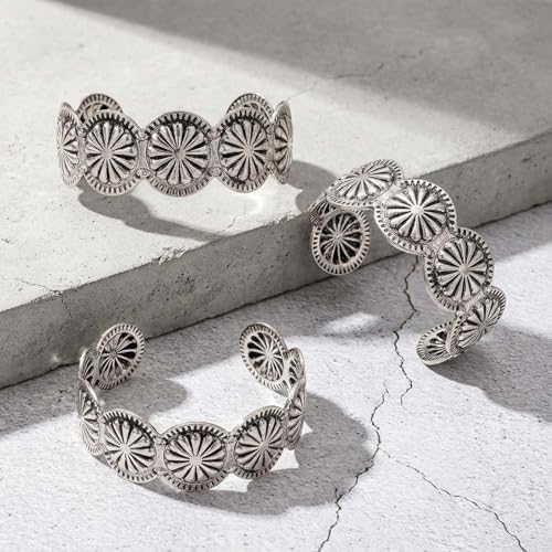 ASIJUNTYECHO Silver Western Bracelet, Concho Cuff Bracelets for Women | Alloy with antique distressed finish, sunburst concho engraving, adjustable open cuff, western silver bracelet for cowgirls