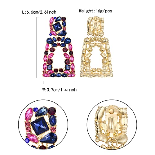 Flyonce Rectangle Clip-on Drop Earrings for Women, Sparkly Rhinestone Crystal Geometric Statement Non Pierced Earring Wedding Prom Party Jewelry for Brides Bridesmaid - color: Blue w/ Fuchsia