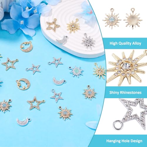 40Pcs Alloy Rhinestone Charms for Jewelry Making, Cute Moon Star Alloy Charm Metal Celestial Rhinestone Dangle Pendants for DIY Necklace Bracelet Earring Jewelry Making Crafts - color: Mixed Colors