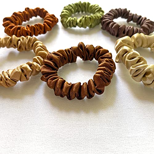 SILVR BEAR Luxury Satin Scrunchies, Soft Skinny Ponytail Holders for Thin Hair, Women, Girls and Men, Softer than Silk, 6 Pack (Earthy Skinny) - color: Earthy Skinny