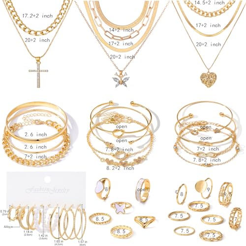 45 PCS Gold Jewelry Set for Women Dainty Dangle Earrings,Elegant Knuckle Rings,Adjustable Bracelets and Necklaces,Perfect Fashion Anniversary Birthday Party Gift,Trendy Jewelry Pack