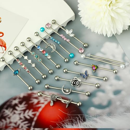 TIANCI FBYJS 7-16pcs 14G Stainless Steel Industrial Piercing Barbell Earring Cartilage Body Jewelry 38mm 1&1/2 Inch Industrial Piercing Bar for Women Men Snake Chain Dangle - color: silver new 16pcs