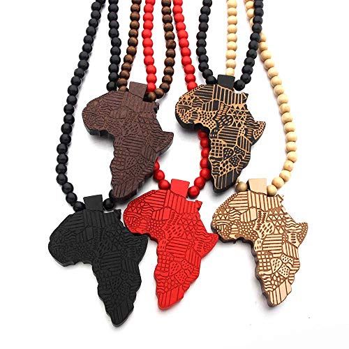 COLORFUL BLING Multicolor 8MM Wooden Bead Chain African Hip-hop Africa Map Pendant Necklace for Men Boys Natural Wood Jewelry - color: style2 black