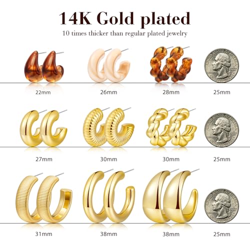Chunky Gold Hoop Earrings for Women 9 Pairs, Fashion Resin Jewelry Gifts | Thick, Open, Twisted, Huggie, lightweight, 14K Gold-plated, Hypoallergenic, Great for Party/Gathering/Wedding/Work/Daily - color: Golden Earth