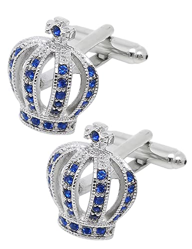 Royal Crown Blue Crystal Cuff Links for Men Lady in Gift Box Unisex Cufflinks for Business Wedding Anniversary Dress - size: one size