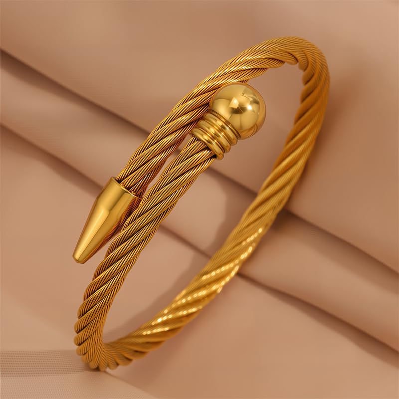 Modern Gold Bracelet for Women – Stainless Steel Braided Steel Bead Nail Bangle, Edgy Industrial Design, Everyday Fashion Jewelry
