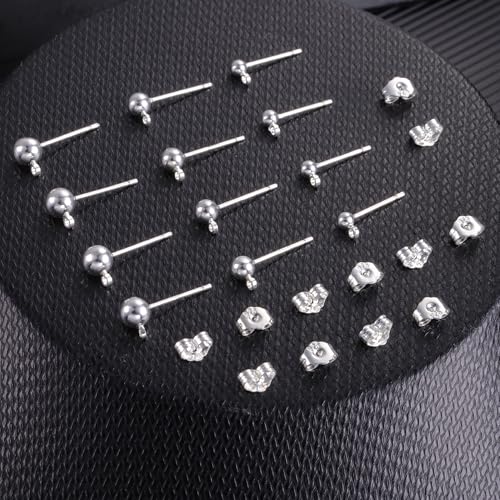 925 Sterling Silver Earrings Making Posts Ball Studs with Loop Ear Backs | Hypoallergenic 3/4/5mm Ball/Flat Stud Post Replace Butterfly Ear Backs for Dangle Charm Pendant Earring Jewelry Making Set - color: Ball_Silver