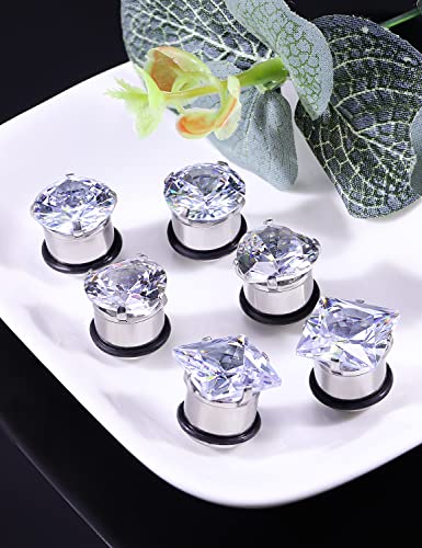 8G 6G 4G 2G 0G 1/2 inch Stainless Steel Ear Gauges - Round, Square, Heart, Cubic Zirconia - 3mm to 12mm - Silver, 3 Pairs - color: Gauge=1/2"=12mm
