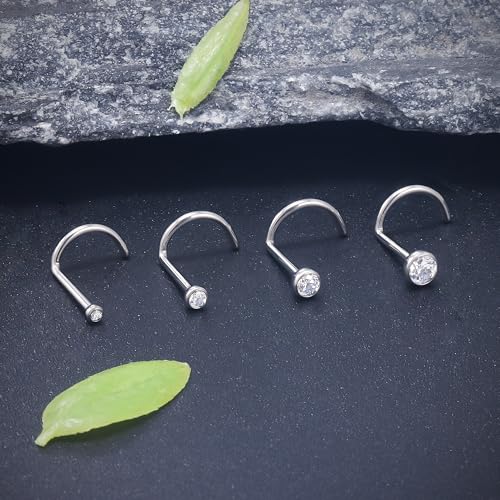 ASTM F136 Titanium Nose Rings 18G 20G 22G Jeweled Clear Round Cubic Zirconia Nose Studs Ring Screw L-Shaped Bone Hypoallergenic Body Piercing Jewelry for Women 1.5mm 2mm 2.5mm 3mm 4PCS - style: Screw:20G(0.8mm)