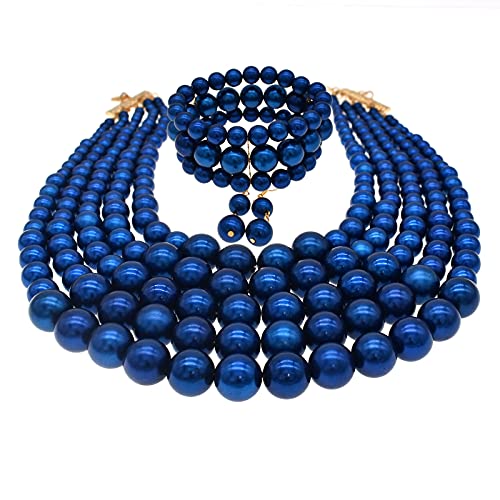 JNF Large Faux Pearl Necklaces for Women Multi strand Pearl Necklace Bracelet and Earrings Set 1920s Costume Pearls Necklace Jewelry Accessories - color: Royal blue pearl necklace