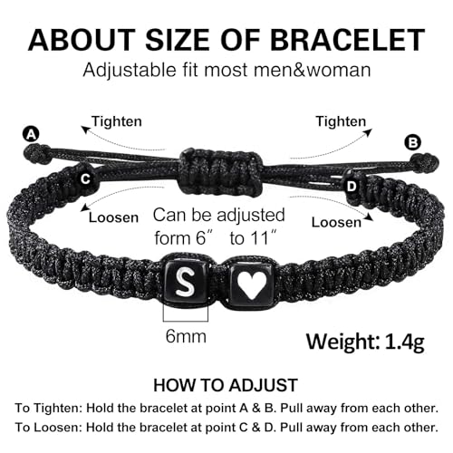 Valentines Day Gifts for Him Her Heart Love Letter Initial Matching Couple Bracelets for Women Men Teen Gifts Best Friend Graduation Birthday Gifts A-Z Braided Bracelet Son Daughter Dad Jewelry - color: Black-S