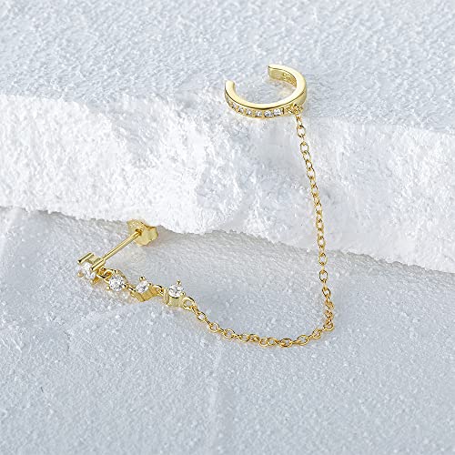 Crystal Ear Cuff Tassel Cartilage Stud Earring for Women Girls 925 Sterling Silver CZ Clip On Huggie Hoops Climber Crawler Long Chain Dangle Drop Hypoallergenic Earrings Fashion 1 Pcs Jewelry Gifts Birthday - color: Gold