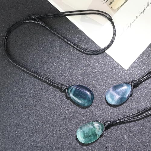 Natural Gemstone Pendant Necklace Healing Crystal Stone Choker Necklace Adjustable Waxed Black Rope for Men - color: Fluorite