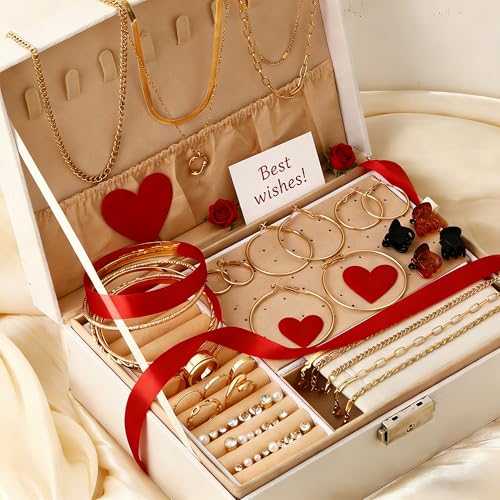 YEEZII 56 Pcs Gold Jewelry Set for Women with 5Pcs Layered Necklace, 5Pcs Layered Necklace, 12 Bracelets, 4 Hoop Earrings, 8 Stackable Rings, 10 hairpins, 12 Studs Earrings Jewerly set for Women - color: Gold-A