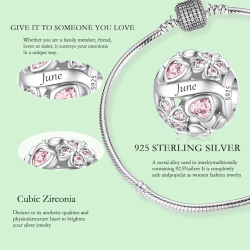 925 Sterling Silver Lucky Clover Birthstone Charms for Bracelets Dangle Pendant with 5A Cubic Zirconia Compatible Pandora Bracelets, Ladies Birthday Gift - style: 6-June