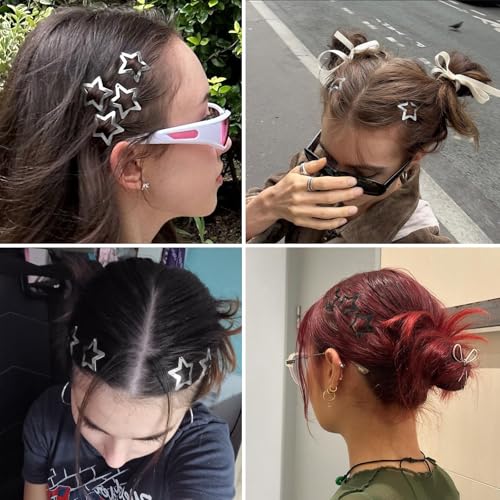 Star Hair Clips 2000s Y2K Black Silver Star Hair Accessories Snap Hair Barrettes Non Slip Metal Hair Clips for Girls Women -30 PCS 1.18" - color: 30 P -1.18"-black,silver