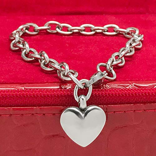 Adjustable Stainless Steel Bracelet with Chunky Chain, Puffy Heart Charm Silver Bracelet for Women, Engraveable Non-Tarnish Stainless Steel Charm Bracelet 7 and 8 inch lengths