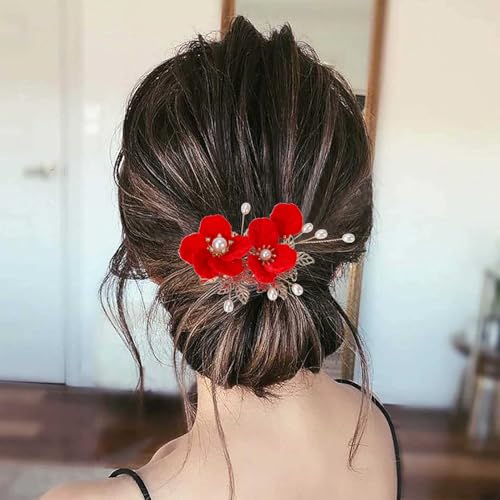 Bridal Flower Hair Clips, Crystal Hair Pins Pearl Rhinestone Hair Barrettes, Wedding Hair Pieces Pearl Headpieces Hair Accessories for Women Girls - color: Light Red