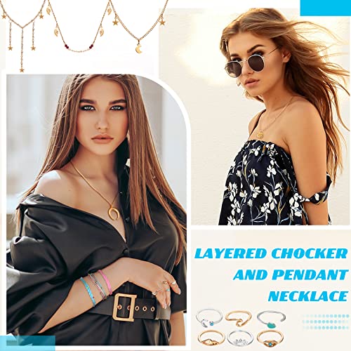 Batiyeer 60 Pcs Boho Surfer Wave Bracelet and Necklace Set for Women, Summer Beach Y2k Layered Choker Anklets Knuckle Rings - style: Fresh