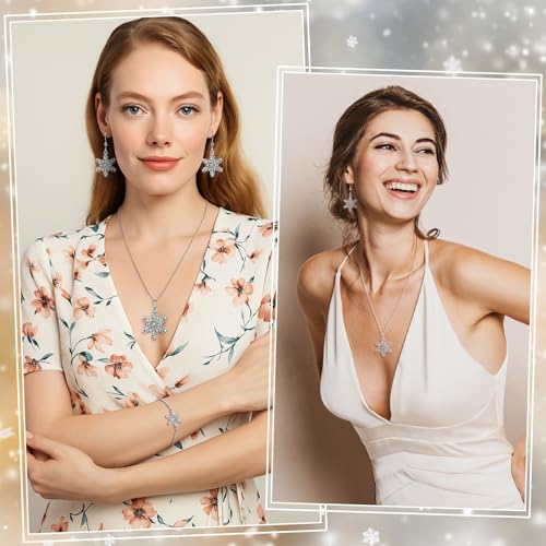 3 Pcs Heart Bow Snow Jewelry Set | Heart Necklace with Bracelet Earring, Snow Jewelry Set for Women, Bow Charms Toggle Gifts - color: Silver, style: Snow