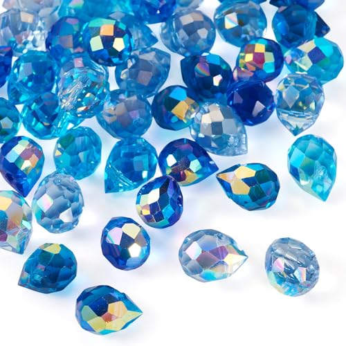 Beadthoven 50pcs Blue Crystal Beads Glass Teardrop Spacers Charms Shiny Crystal Spacers for Jewelry Making Colorful Faceted Suncatcher Beads for DIY Necklace Bracelet Earring Crafts Winter Holiday - color: Blue