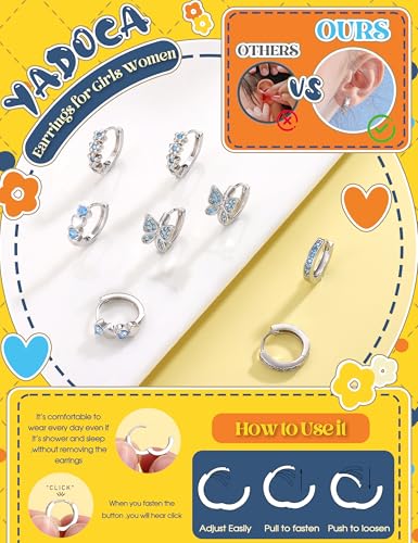 925 Sterling Silver Post Small Hoop Earrings For Girls - Hypoallergenic Huggie Earrings for Women Cute Heart Flowers Butterfly Star Cubic Zirconia Cartilage Earrings For Sensitive Ears 4Pairs - color: Blue