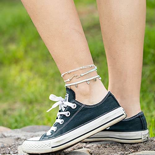 Waterproof String Anklets Cute Beaded Ankle Bracelets Beach Wave Anklet Stainless Steel Coin Boho Ankle Jewelry for Women - color: White