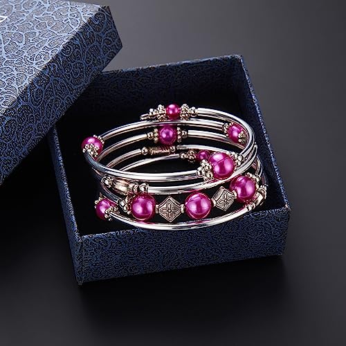 Beaded Pearl Bangle Wrap Bracelet - Fashion Bohemian Jewelry Multilayer Charm Bracelet with Thick Silver Metal Beads, Gift For Women - color: Fuchsia