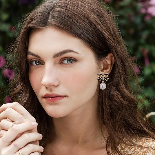 Gold Bow Earrings for Women, Long Tassel Chain Drop Earrings, Trendy Small Bow Earrings, Ribbon Waterfall Dangling Earrings, Pearl Bow Earrings, Sparkly Elegant Bowknot Preppy Jewelry Gifts for Women - color: Black Bow