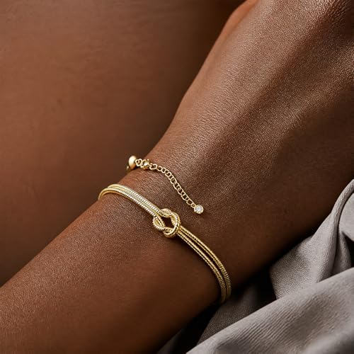 14K Gold Plated Dainty Stackable Bracelet Set, Heart Pearl Knot Beaded Chain Women Gift - color: Gold