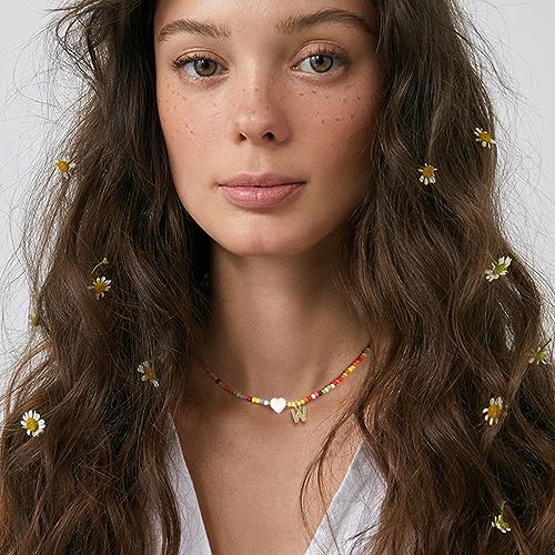 MJartoria Initial Necklaces for Women, Colorful Beaded Necklace, Shell Beach Necklace Letter Choker Handmade Jewelry Gifts - style: W