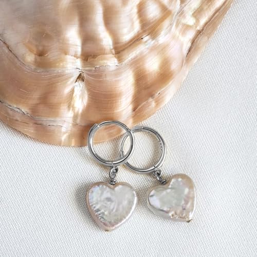 LILY LUSTRE 14k Gold Plated/Filled 925 Sterling Silver Handpicked AAAA Quality Natural White Freshwater Cultured Heart Shaped Pearl Huggie Hoop/Leverback Drop Dangle Earrings for Women - color: Silver Hoop