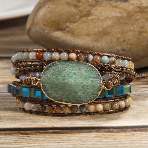 Handmade Boho Wrap Bracelets Natural Turquoise Crystal Stone Variety Beaded Strand Bracelet - color: Topaz