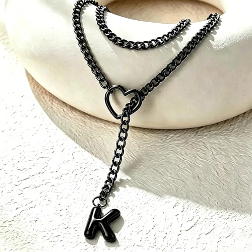 Black Heart Slip Chain Initial Necklaces for Women, Stainless Steel Wrap Choker Necklace, Gothic O-Ring Adjustable Lariat Y Necklaces, Punk Cuban Collar Choker Necklace, Halloween Jewelry Gift - color: Black K