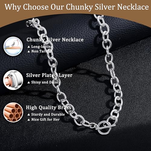 CHESKY 14K Gold Plated Chunky Necklace for Women, Trendy Toggle Clasp | Statement Pendant Necklace, Layered Paperclip Chain, Toggle Clasp Design, Thick Gold Chain, Non Tarnish Everyday Jewelry - color: silver, style: paperclip