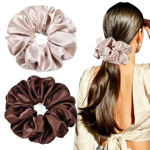 2 PCS Brown Jumbo Satin Silky Scrunchies 6.5 Inches Oversized Scrunchie Extra Large Big Hair Ties Ponytail Holder for Thick Curly Hair Women (Brown, Pink Taupe) - color: Brown, Pink Taupe