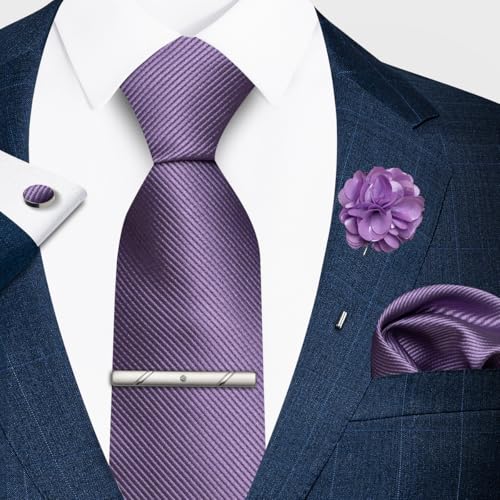 joy alice 30 Colors Solid Ties for Man Pure Color Men's Tie Set with Lapel Pin Pocket Square Tie Clip - color: Lavender