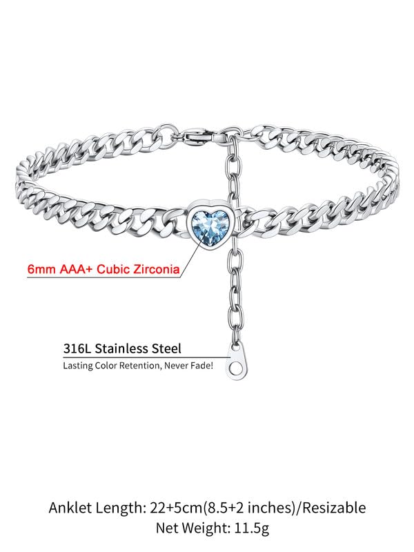 ChainsHouse Cuban Chain Anklets for Women with Heart Birthstone Jan - Dec | Stainless Steel Black Link Chain Ankle Bracelet with Birthstone, Beach Women Anklet 22cm-27cm Adjustable, with Gift Box - color: 03. Mar-Aquamarine-Steel