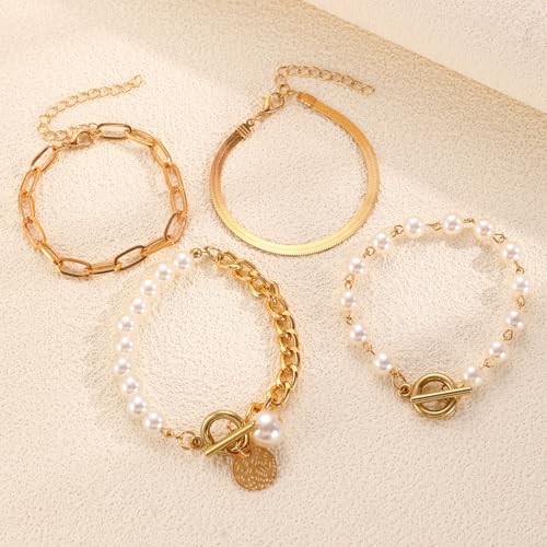 Alegend 14K Gold Plated Stackable Multilayer Bracelets + Titanium Steel(Not Rust, Resist Corruption, Easily Clean) 18K Gold Plated Single Bracelets - color: 14K Gold & Pearl Layered