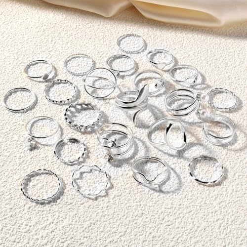 CHICUTIE Gold Knuckle Rings Set For Women Stackable Joint Finger Midi Rings Dainty Cubic Crystal Zirconia Simple Hollow Twist Cute Rings Pack Jewelry Gift - style: 47pcs Silver