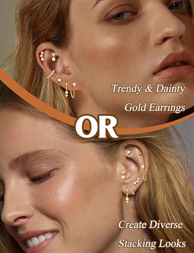 THUNARAZ 14K Gold Plated Hoop Stud Earrings for Women Hypoallergenic | Earrings Stack Non Tarnish, Stainless Steel Earrings, Cartilage Earrings for Women, Multiple Piercing Drop Dangle Earrings