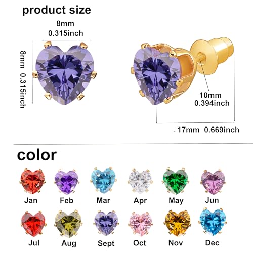 8mm Heart-Cut Birthstone Stud Earrings for Women – 18K Gold Plated Hypoallergenic Cubic Zirconia Earrings, Nickel Free, 12 Months Colors, Everyday Jewelry, Gift for Her, Bridal, Birthday, Christmas - color: 09 Sept Tanzanite