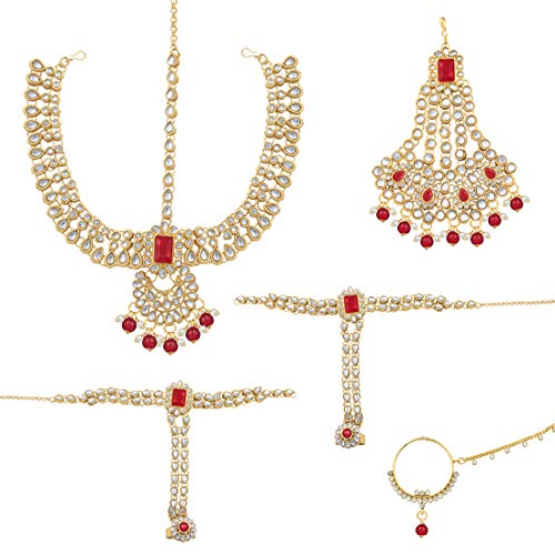 Aheli Traditional Wedding Indian Bharatanatyam jewellery set Long Choker Necklace Earrings Maang Tikka Nath Paasa Hath Phool for Women - color: Red